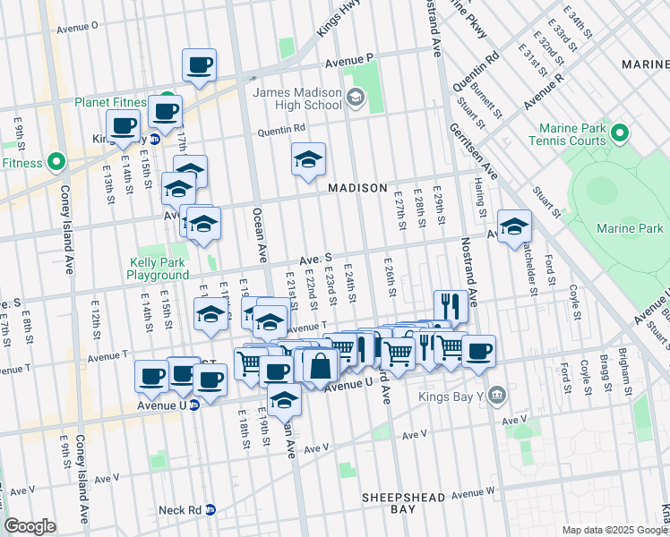 map of restaurants, bars, coffee shops, grocery stores, and more near 1940 East 24th Street in Brooklyn