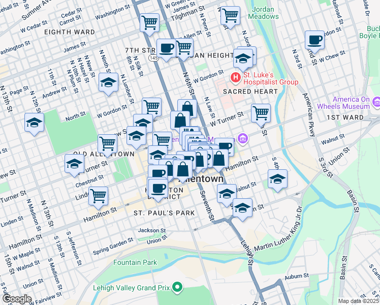 map of restaurants, bars, coffee shops, grocery stores, and more near in Allentown