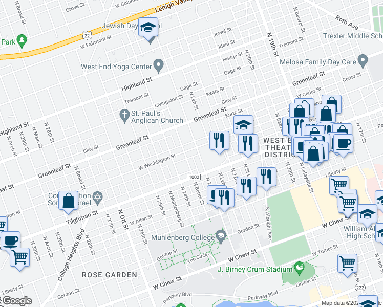map of restaurants, bars, coffee shops, grocery stores, and more near 2314 West Washington Street in Allentown