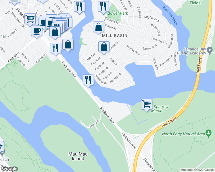map of restaurants, bars, coffee shops, grocery stores, and more near 2356 National Drive in Brooklyn