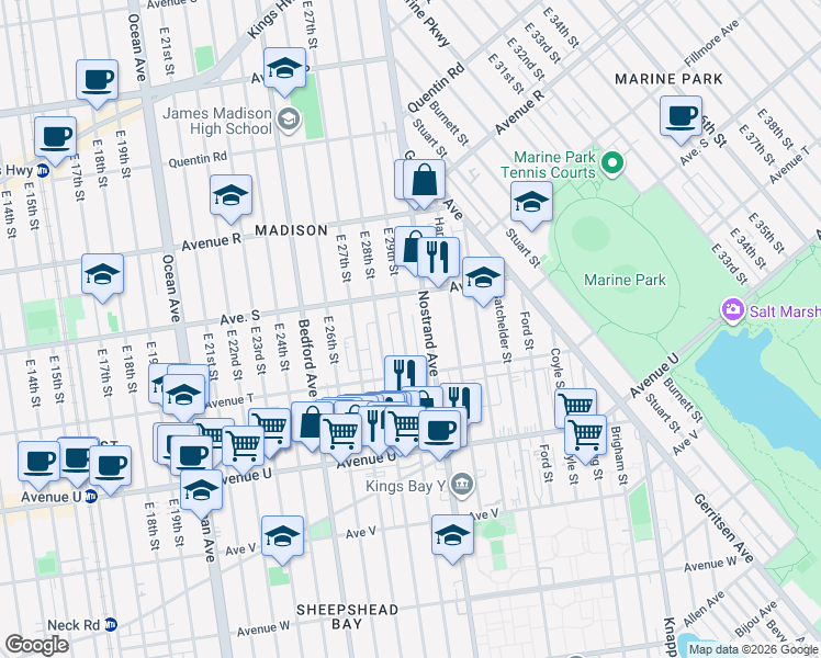 map of restaurants, bars, coffee shops, grocery stores, and more near 1960 East 29th Street in Brooklyn