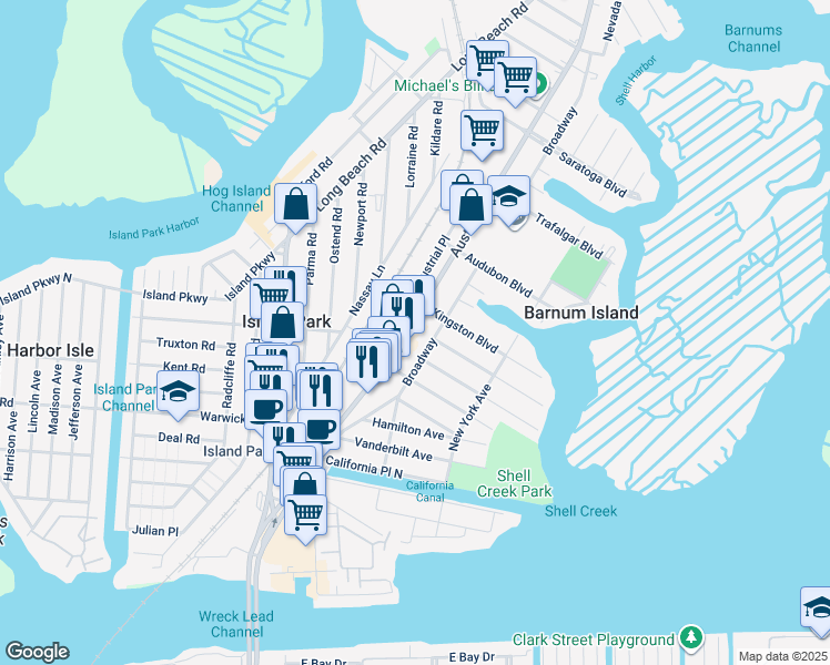 map of restaurants, bars, coffee shops, grocery stores, and more near 4334 Broadway in Island Park