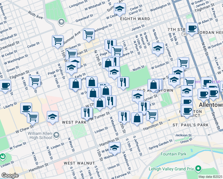 map of restaurants, bars, coffee shops, grocery stores, and more near 311 North 13th Street in Allentown