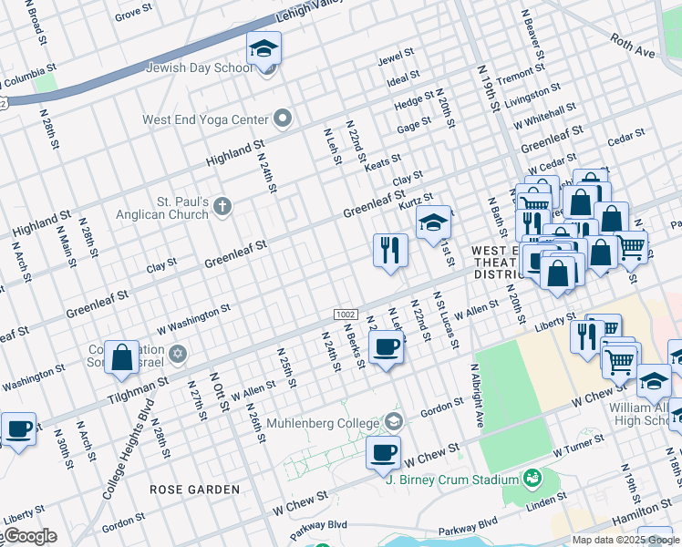 map of restaurants, bars, coffee shops, grocery stores, and more near 2314 West Washington Street in Allentown