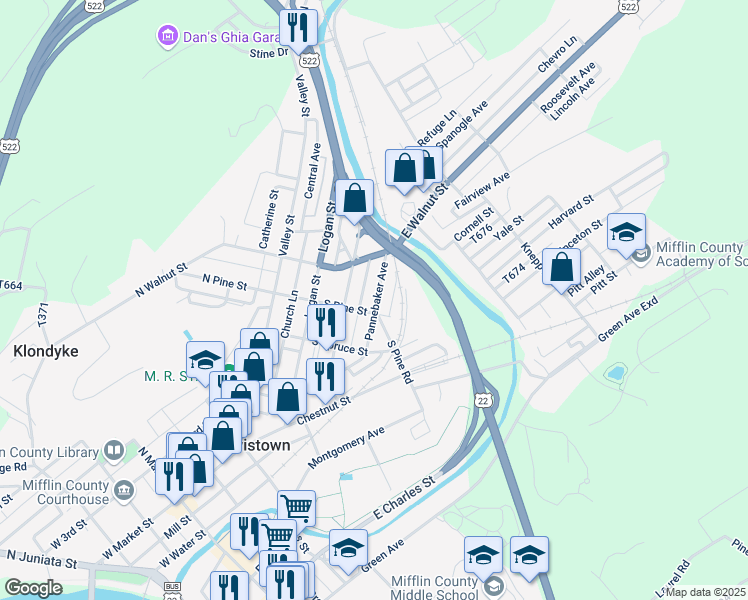 map of restaurants, bars, coffee shops, grocery stores, and more near 113 Pannebaker Avenue in Lewistown