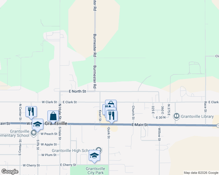 map of restaurants, bars, coffee shops, grocery stores, and more near 231 East North Street in Grantsville