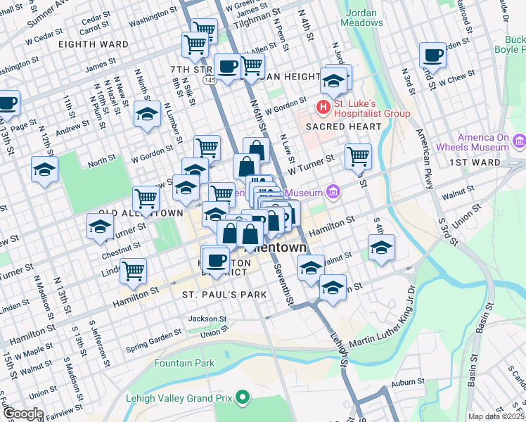 map of restaurants, bars, coffee shops, grocery stores, and more near in Allentown