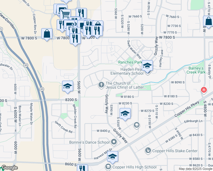 map of restaurants, bars, coffee shops, grocery stores, and more near 5422 West Island Creek Drive in West Jordan