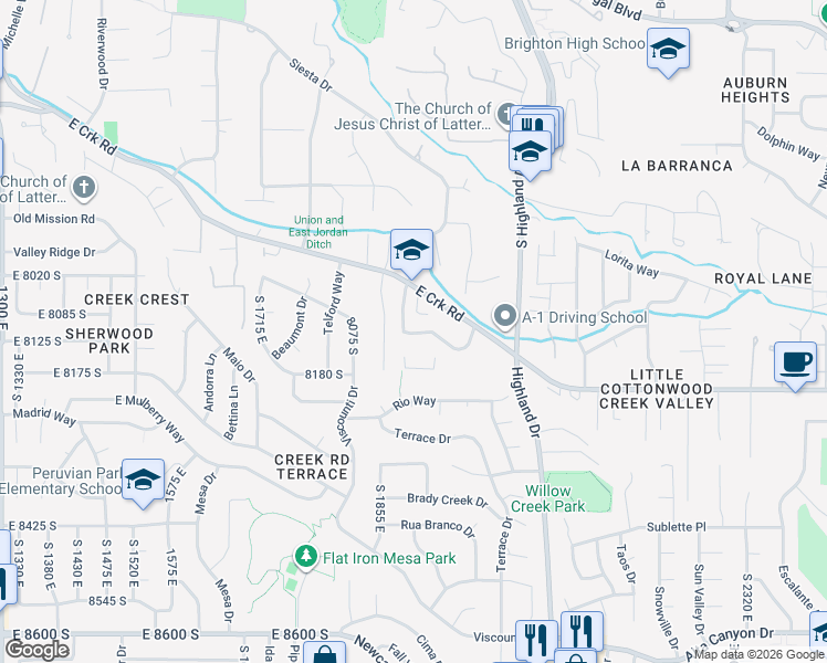 map of restaurants, bars, coffee shops, grocery stores, and more near 1900 Creek Road in Sandy