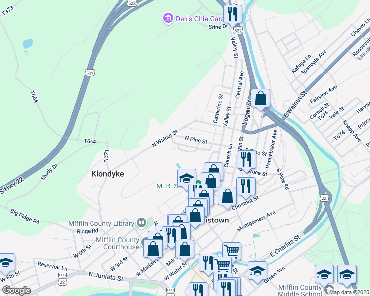 map of restaurants, bars, coffee shops, grocery stores, and more near 8 Pine Park Drive in Lewistown