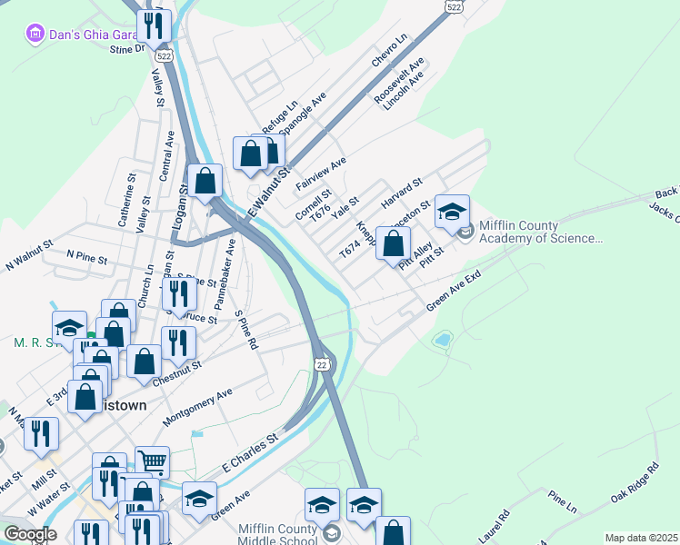 map of restaurants, bars, coffee shops, grocery stores, and more near 401 Edgewater Avenue in Lewistown