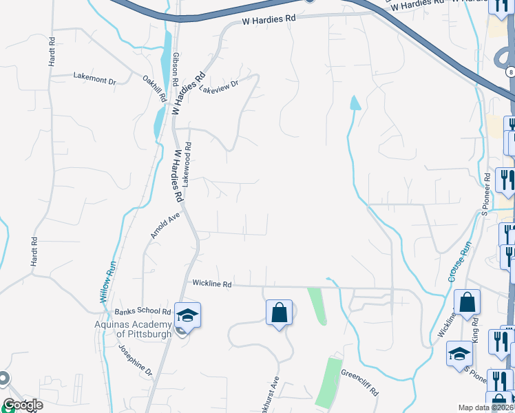map of restaurants, bars, coffee shops, grocery stores, and more near 2609 Lah Road in Gibsonia