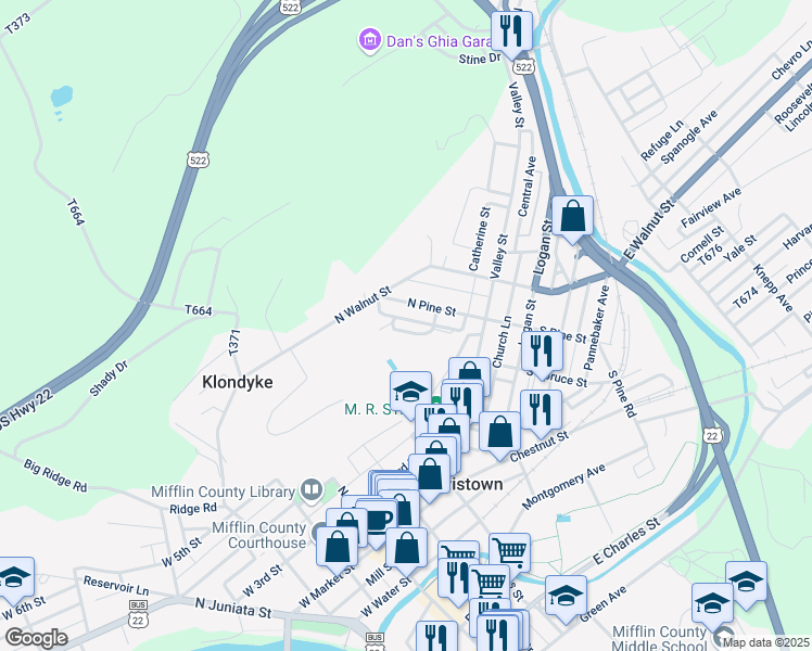 map of restaurants, bars, coffee shops, grocery stores, and more near 8 Pine Park Drive in Lewistown