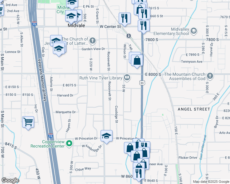 map of restaurants, bars, coffee shops, grocery stores, and more near 6880 South 700 West in Midvale