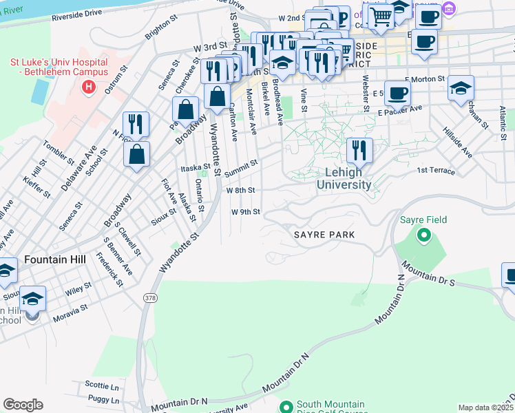 map of restaurants, bars, coffee shops, grocery stores, and more near 314 West 9th Street in Bethlehem