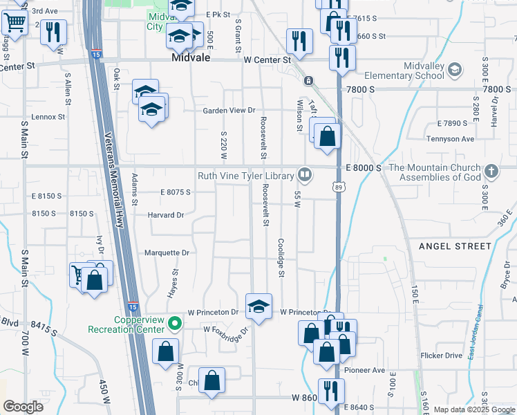 map of restaurants, bars, coffee shops, grocery stores, and more near 139 Columbia Drive in Midvale
