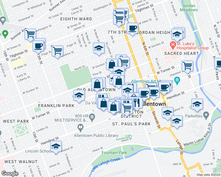 map of restaurants, bars, coffee shops, grocery stores, and more near 917 West Turner Street in Allentown