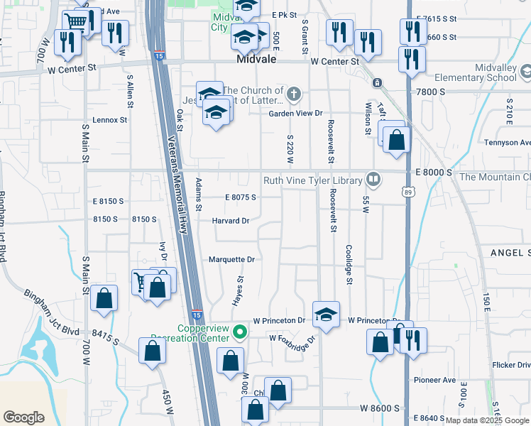 map of restaurants, bars, coffee shops, grocery stores, and more near 8139 South Pioneer Street in Midvale