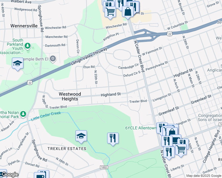 map of restaurants, bars, coffee shops, grocery stores, and more near 3401 West Highland Street in Allentown