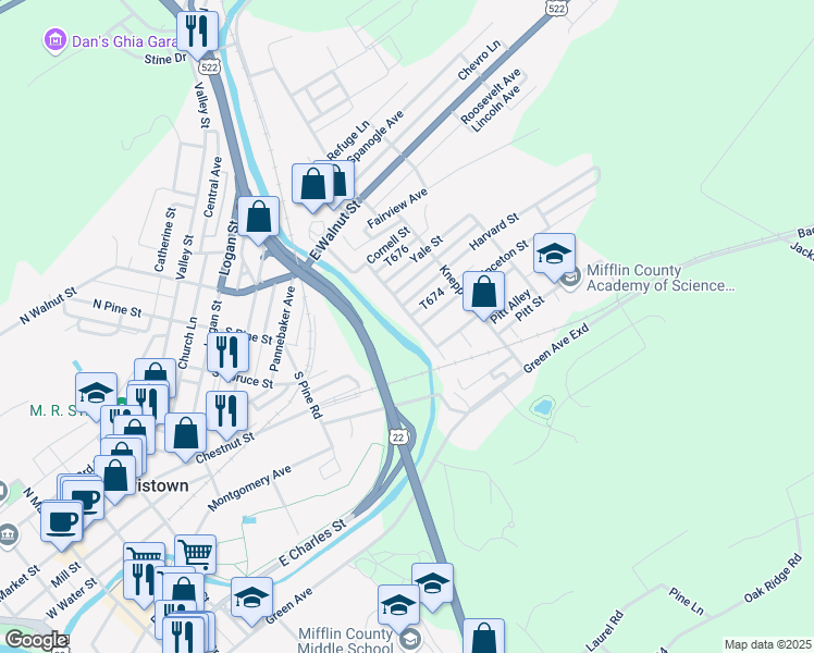 map of restaurants, bars, coffee shops, grocery stores, and more near 401-499 Edgewater Avenue in Lewistown