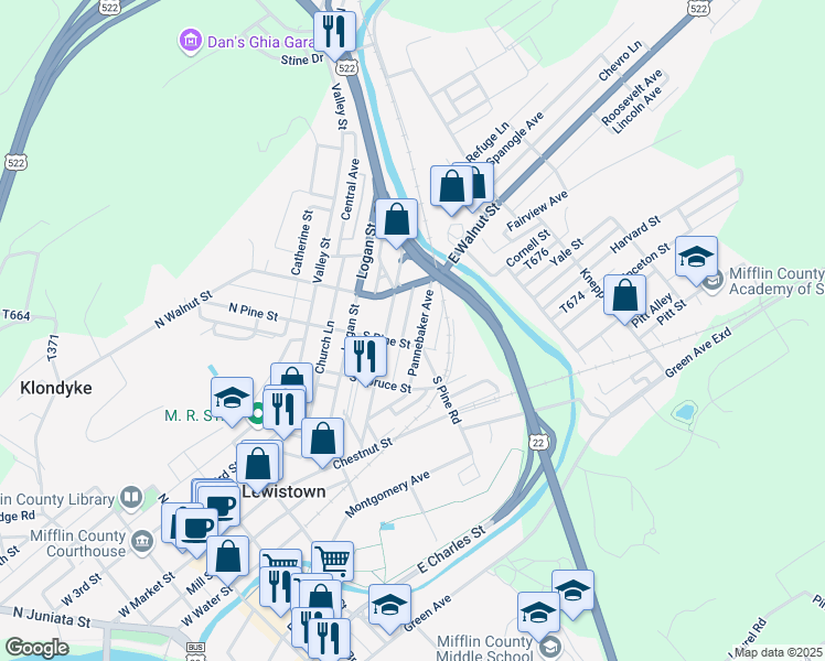 map of restaurants, bars, coffee shops, grocery stores, and more near 113 Pannebaker Avenue in Lewistown