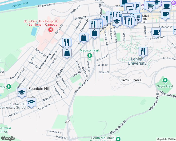 map of restaurants, bars, coffee shops, grocery stores, and more near 600 Sioux Street in Bethlehem