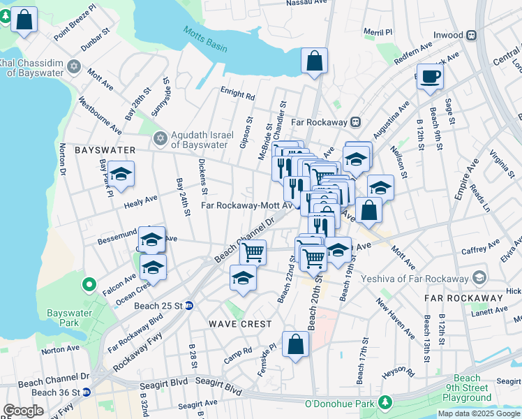 map of restaurants, bars, coffee shops, grocery stores, and more near 10-41 McBride Street in Queens