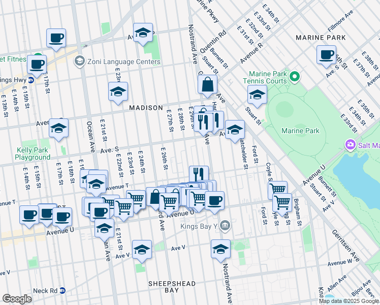 map of restaurants, bars, coffee shops, grocery stores, and more near 1960 East 29th Street in Brooklyn