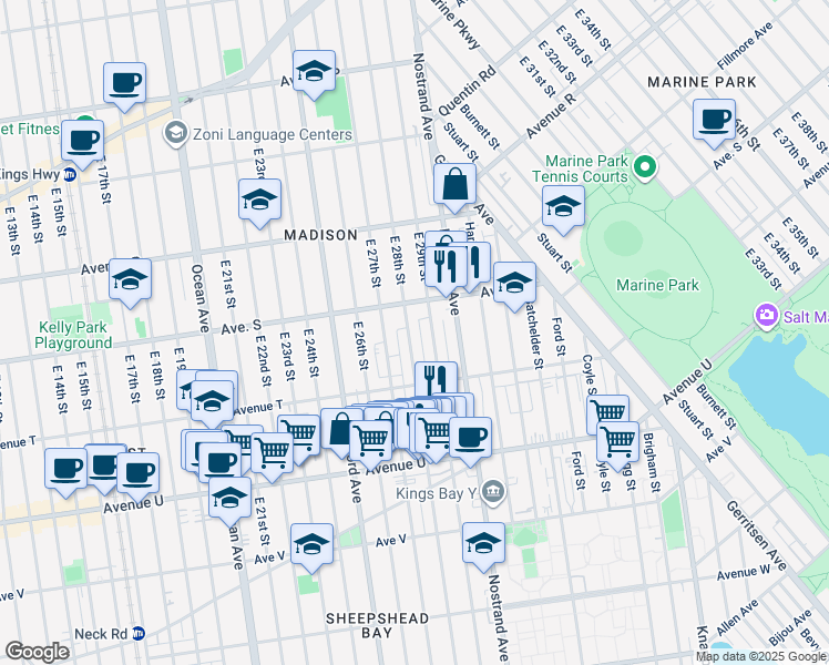 map of restaurants, bars, coffee shops, grocery stores, and more near 1960 East 29th Street in Brooklyn