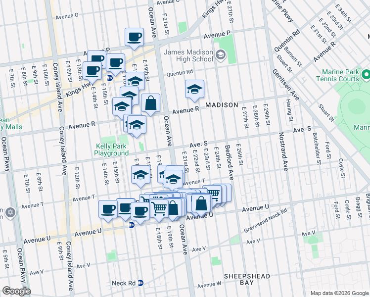 map of restaurants, bars, coffee shops, grocery stores, and more near 2014 East 21st Street in Brooklyn