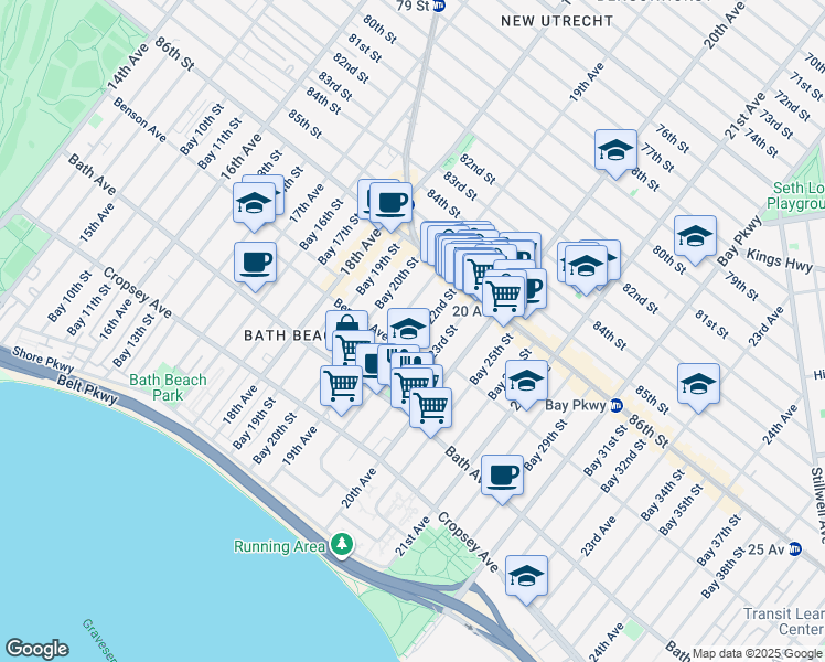 map of restaurants, bars, coffee shops, grocery stores, and more near 88 Bay 23rd Street in Brooklyn