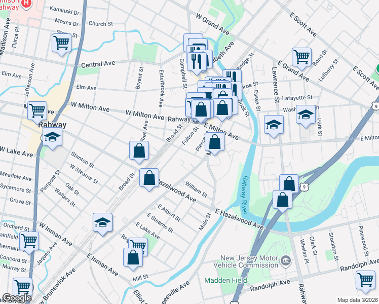 map of restaurants, bars, coffee shops, grocery stores, and more near 127 East Emerson Avenue in Rahway