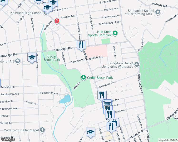 map of restaurants, bars, coffee shops, grocery stores, and more near 1340 Park Avenue in Plainfield
