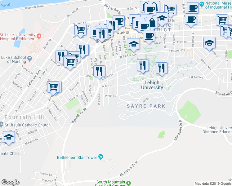 map of restaurants, bars, coffee shops, grocery stores, and more near 314 West 9th Street in Bethlehem