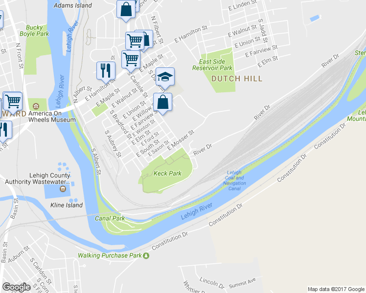 map of restaurants, bars, coffee shops, grocery stores, and more near 401 River Drive in Allentown