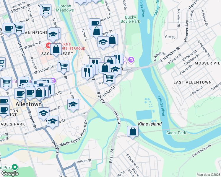 map of restaurants, bars, coffee shops, grocery stores, and more near 214-248 South 2nd Street in Allentown
