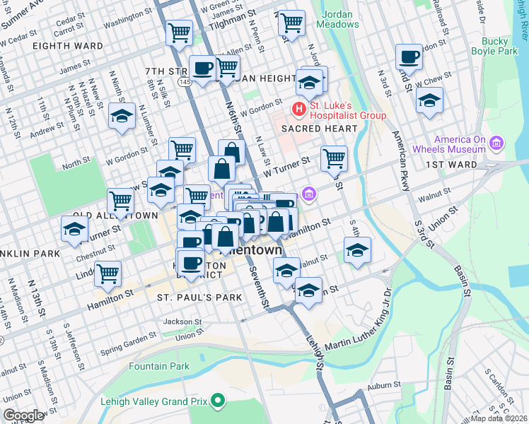 map of restaurants, bars, coffee shops, grocery stores, and more near 628W Linden Street in Allentown