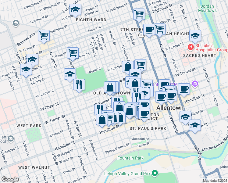map of restaurants, bars, coffee shops, grocery stores, and more near in Allentown