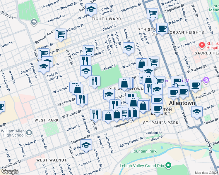 map of restaurants, bars, coffee shops, grocery stores, and more near 244-246 North 11th Street in Allentown