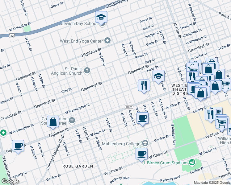 map of restaurants, bars, coffee shops, grocery stores, and more near 738 North Berks Street in Allentown
