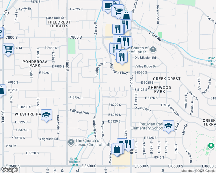 map of restaurants, bars, coffee shops, grocery stores, and more near 8109 Cottonwood Hills Circle in Sandy