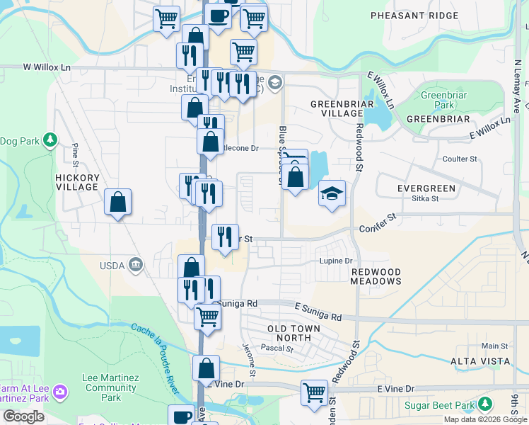 map of restaurants, bars, coffee shops, grocery stores, and more near 218 Conifer Street in Fort Collins