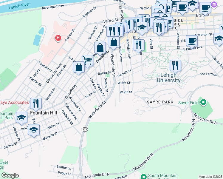 map of restaurants, bars, coffee shops, grocery stores, and more near 806 Wyandotte Street in Bethlehem