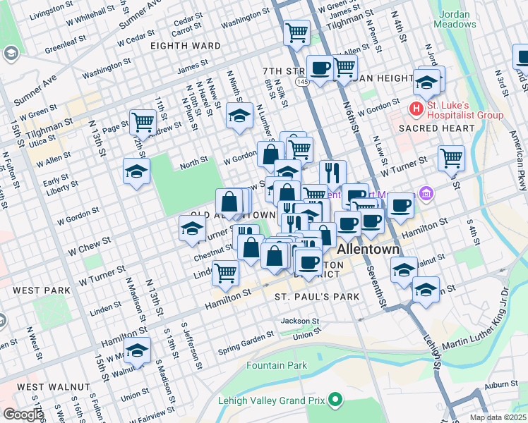 map of restaurants, bars, coffee shops, grocery stores, and more near 921 West Turner Street in Allentown