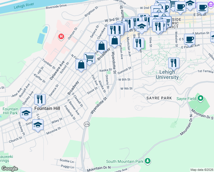 map of restaurants, bars, coffee shops, grocery stores, and more near 600 Sioux Street in Bethlehem