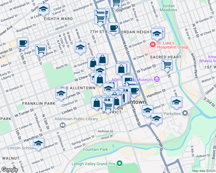 map of restaurants, bars, coffee shops, grocery stores, and more near 134 North 8th Street in Allentown