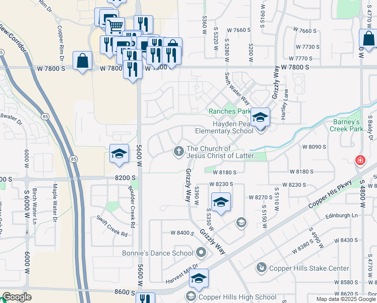 map of restaurants, bars, coffee shops, grocery stores, and more near 5422 West Island Creek Drive in West Jordan