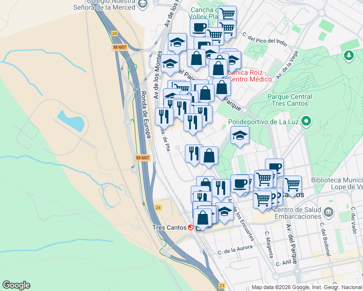 map of restaurants, bars, coffee shops, grocery stores, and more near 8 Ronda de Poniente in Tres Cantos