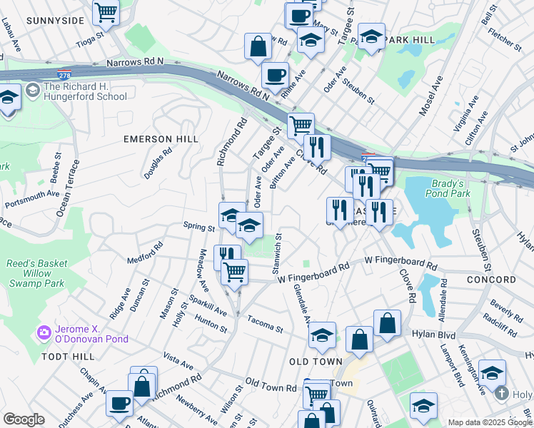 map of restaurants, bars, coffee shops, grocery stores, and more near 587 Oder Avenue in Staten Island