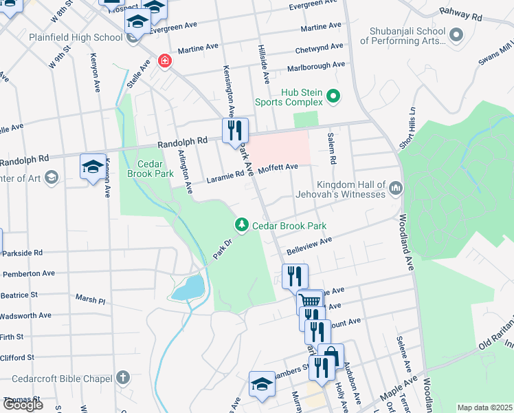 map of restaurants, bars, coffee shops, grocery stores, and more near 1340 Park Avenue in Plainfield